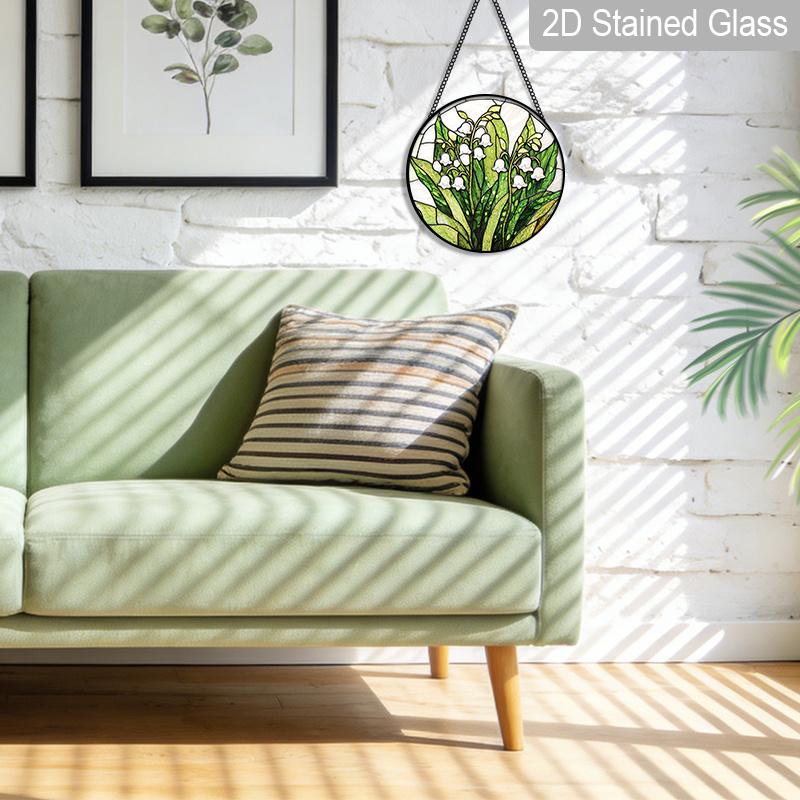 2D Flat Stained Glass Flower Window Decoration Colored Glass Plate, 7.87inches Hanging Ornament with Chain, Charming Spring Summer Sun Catcher Home