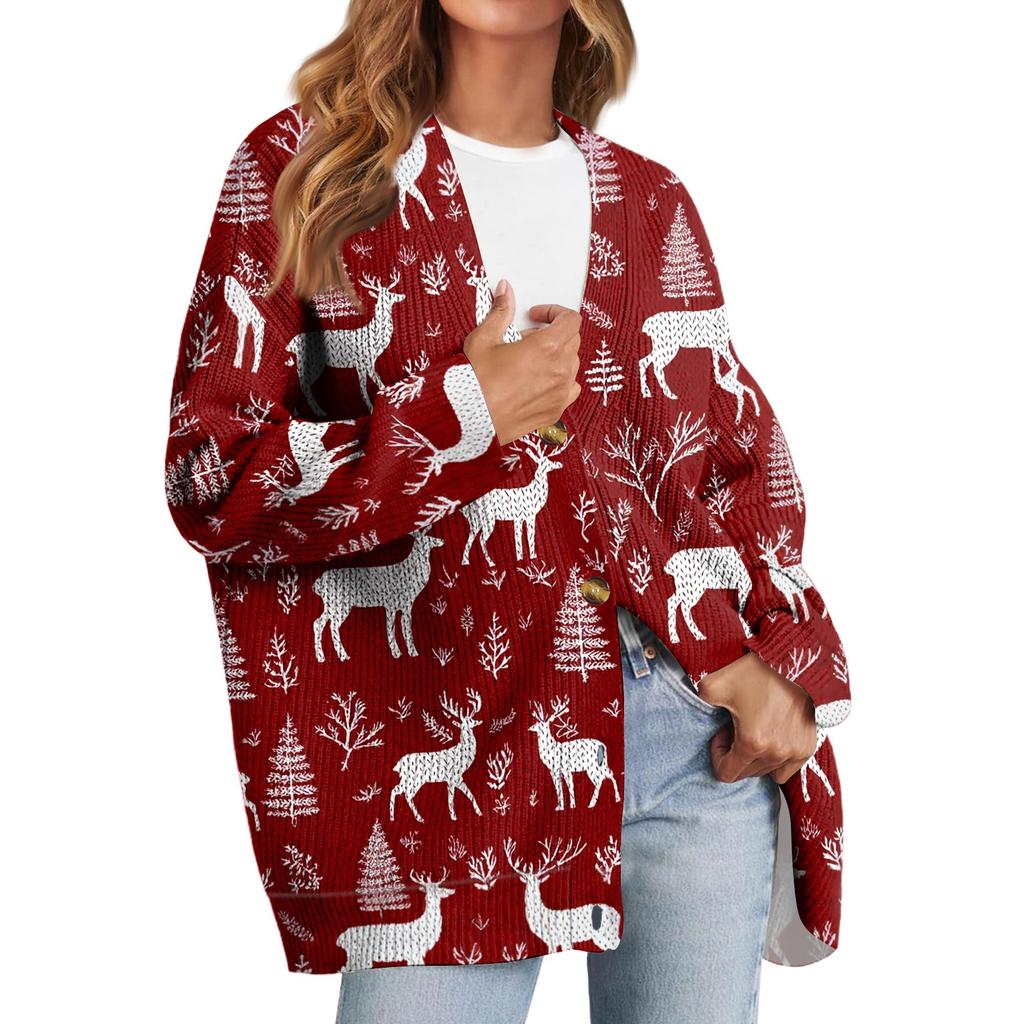 Women's Fashion Long Sleeve Christmas Print V-Neck Button Loose Cardigan Top