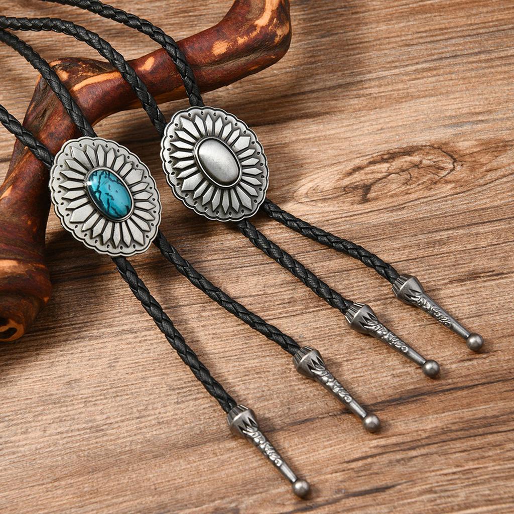 Herren Western Verstellbare Bolo Krawatte mit Metallblume Geflochtenes Lederseil Krawatte Hemdkragenkette Schmuck Halskette