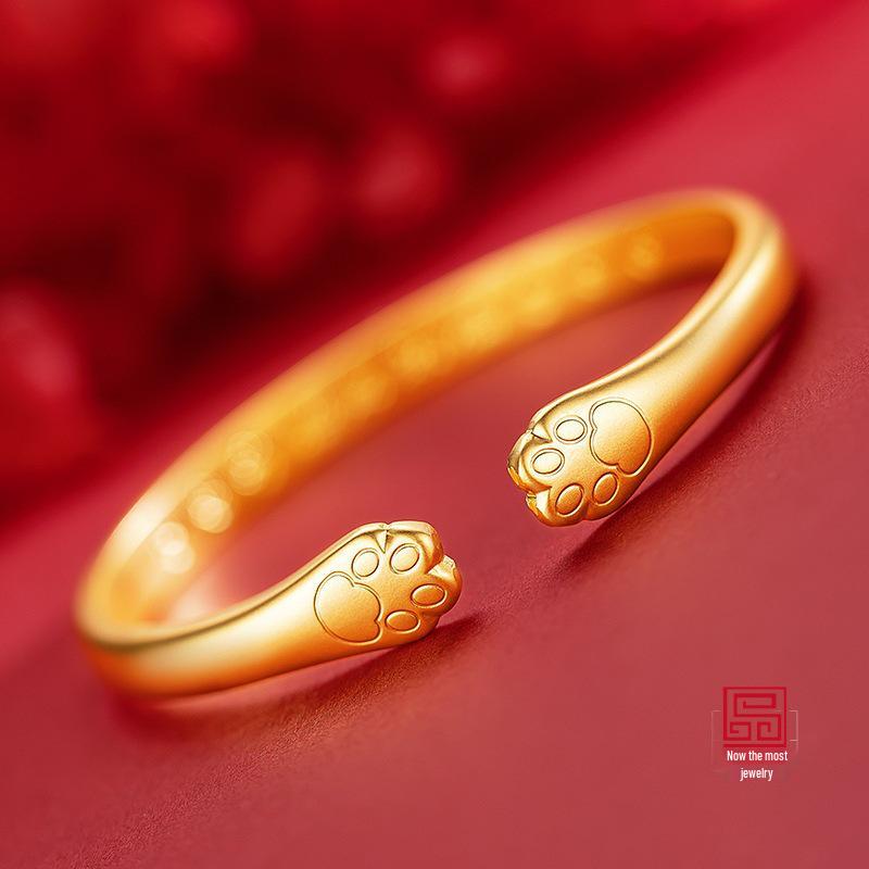 

Vietnamese Gold Pearl Cat Paw Open Bangle - Kitten Paw Bracelet