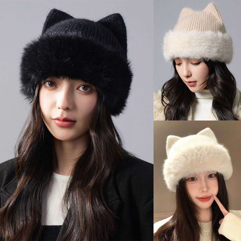 Plush Cat Ear Beanie Warm Pullover Hat Casual Knitted Winter Cap Winter Wear