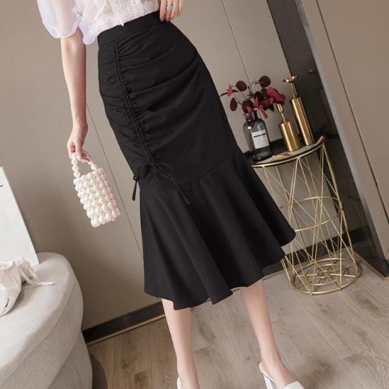 Women's Spring Summer High-Waisted Slimming Stretch Mermaid Hem Skirt with Ruffled Details Mid Length Bodycon Skirt Trendy