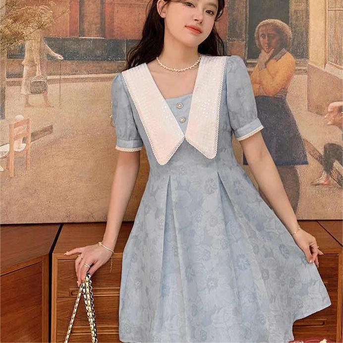 2026 Plus Size French Doll Collar Printed Dress - Retro Waist-Cinched A-Line Skirt for Summer