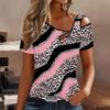 Women Flower Pattern Print Cold Shoulder Short Sleeve T Shirt Irregular Cutout Neck Casual Summer Blouse Top