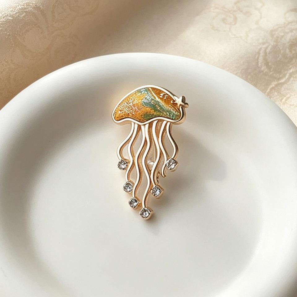 Jellyfish Brooch - Women's Marine Animal Diamond-studded Pin - New Chinese-style Hanfu Decorative Corsage