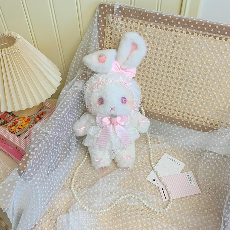 Lolita Plüsch Hasen Tasche mit Schleife, Perlenkette und Herz Design - Süße Girly Umhängetasche