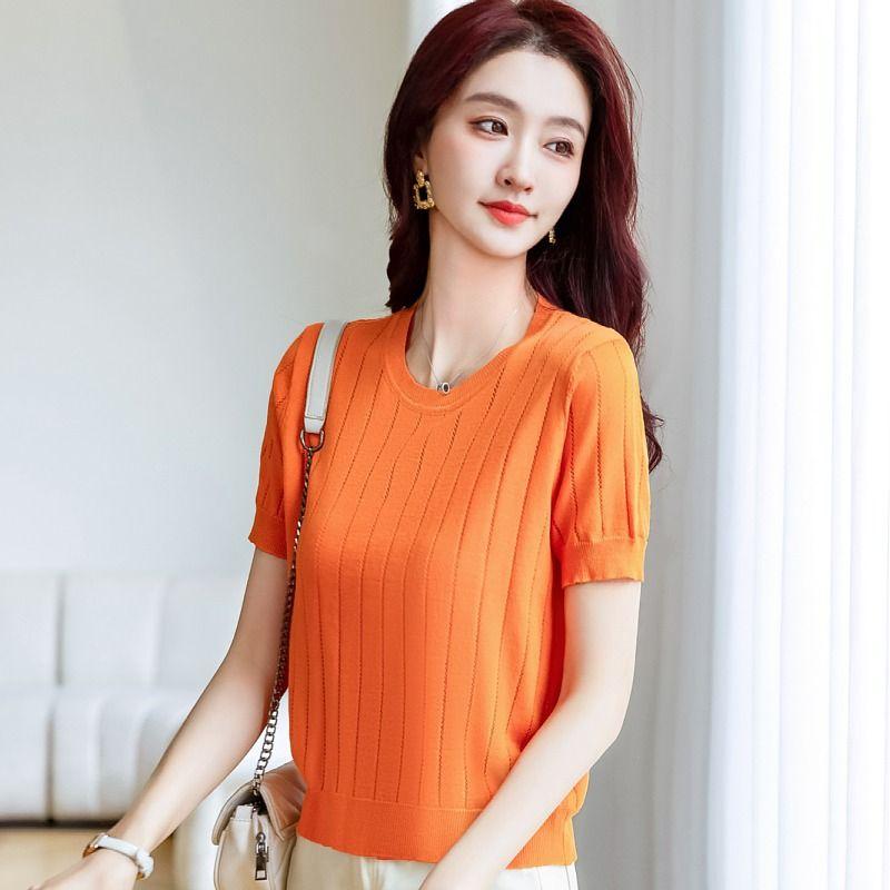 Women's Ribbed Knit Crew Neck Puff Sleeve Casual Slim T Shirt