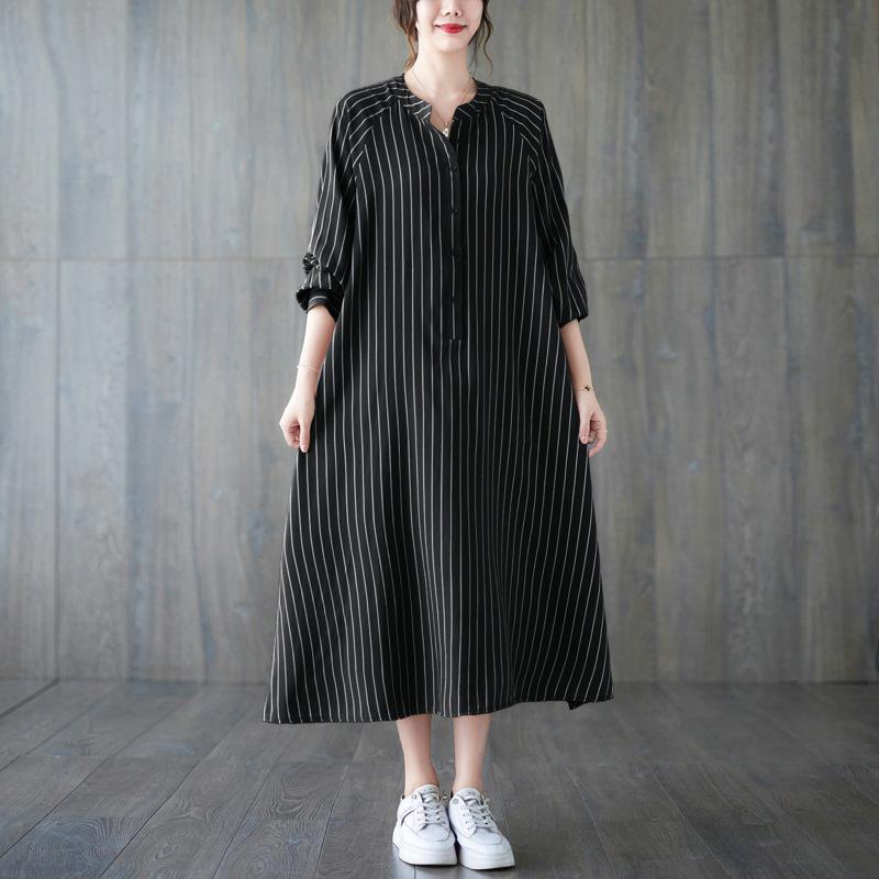 Frühling/Sommer 2023 Damen Übergröße Gestreiftes Lässiges Langes Kleid - Literarischer Stil, Lockere Passform, Schlankmachender Effekt