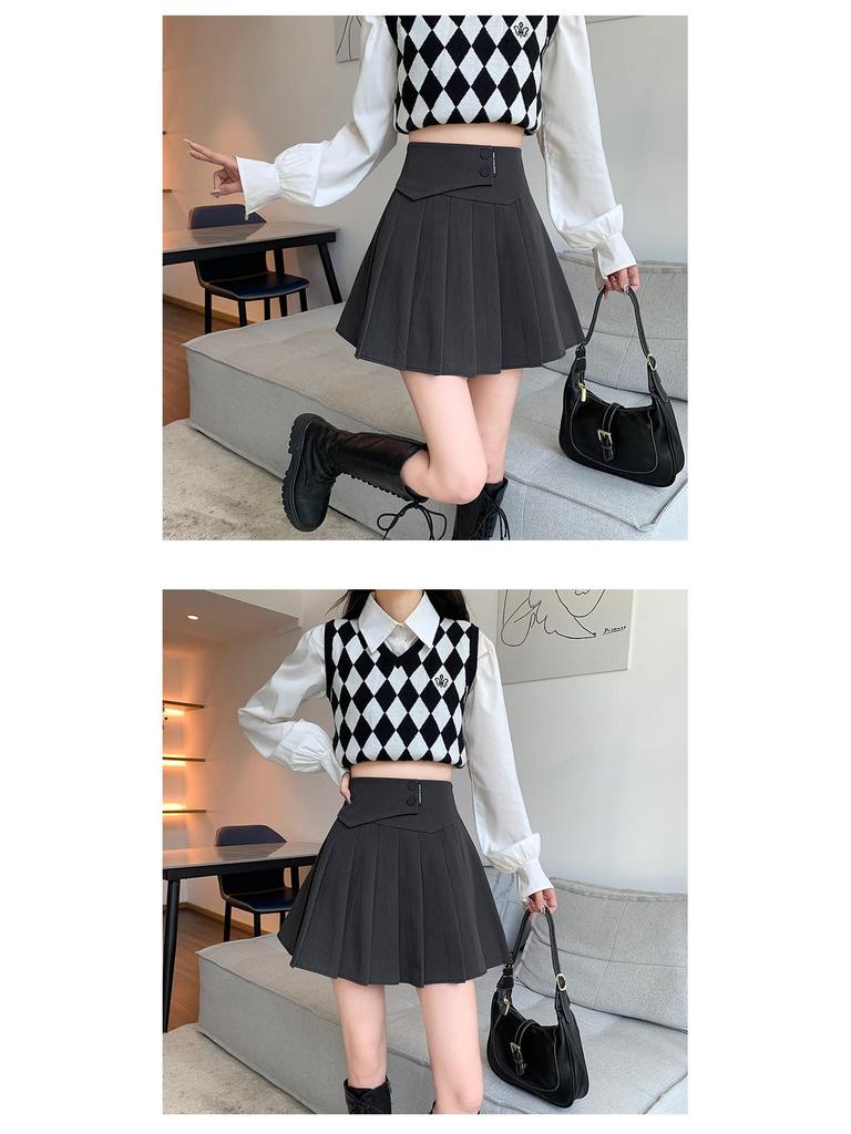 Petite High-Waist Grey Pleated A-line Skirt for Women - Spring/Autumn/Winter 2026 Fashion