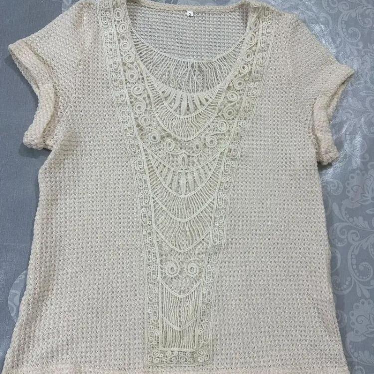 Women Casual Summer Short Sleeve Crew Neck Lace Splicing Top Tshirt
