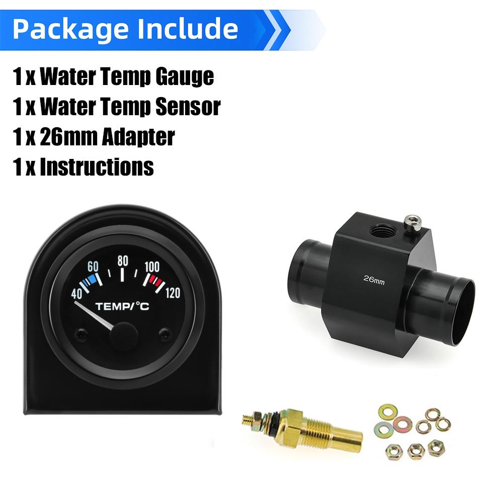 52mm Water Temperature Gauge 40-120 Celsius Water Temp Sensor Joint Pipe Sensor 26/28/32/34/36/38/40mm Hose Adapter For 12V Car