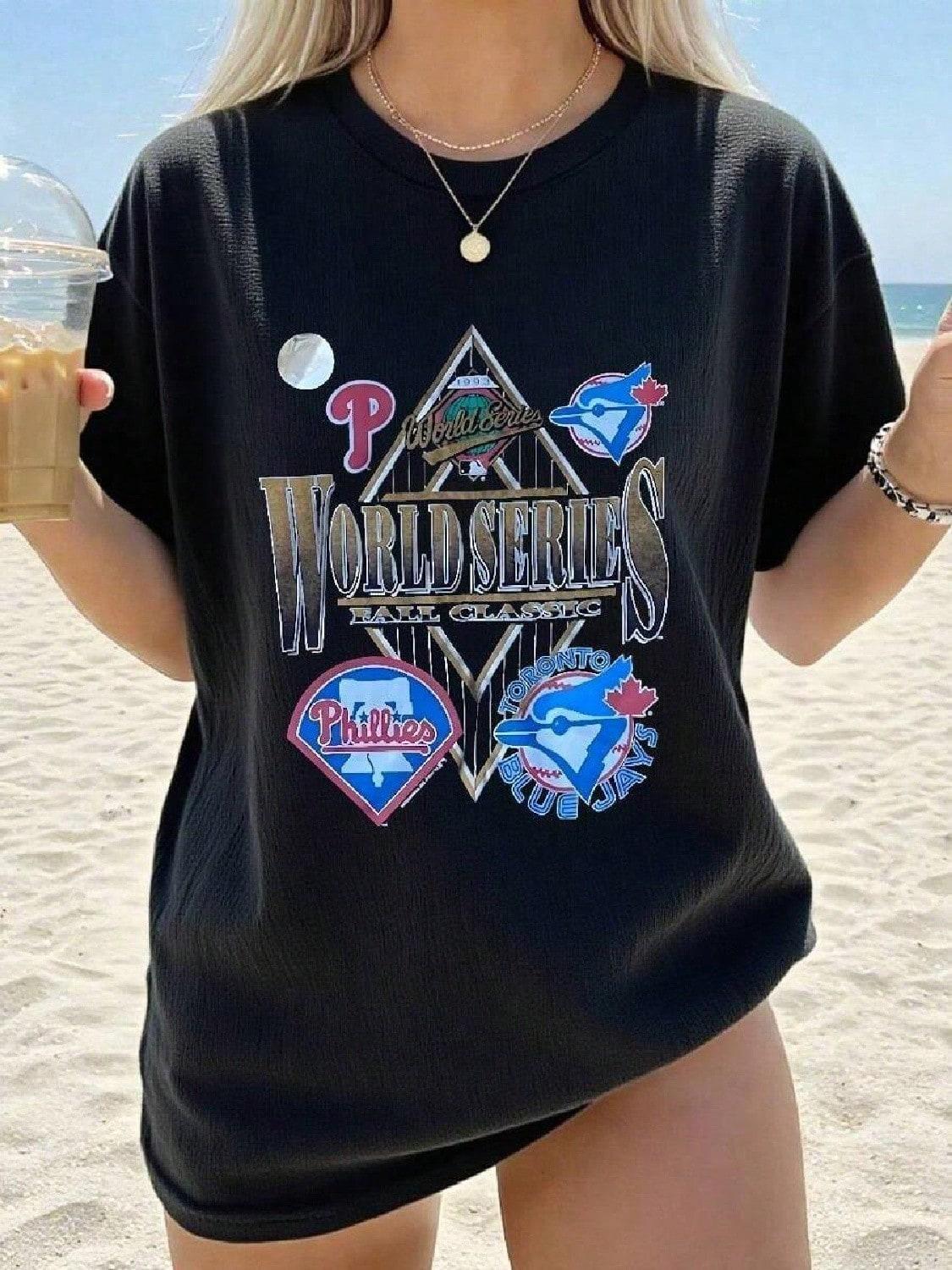 Vintage NIEUWE 1993 World Series T-Shirt Tee ZELDZAME Zwart L Philadelphia Phillies 1-Sided 5050 Katoen Poly 90s Single Sch Jpg Ladies  Printed Shirts S