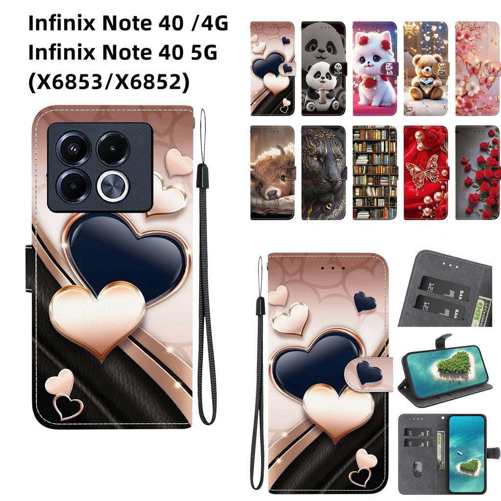 Handmade PU Leather Flip Case for Infinix Note 40 / Note 40 5G (X6853/X6852) Anti-Slip Shockproof Cover with Wrist Strap & Heart/Rose Cat Designs