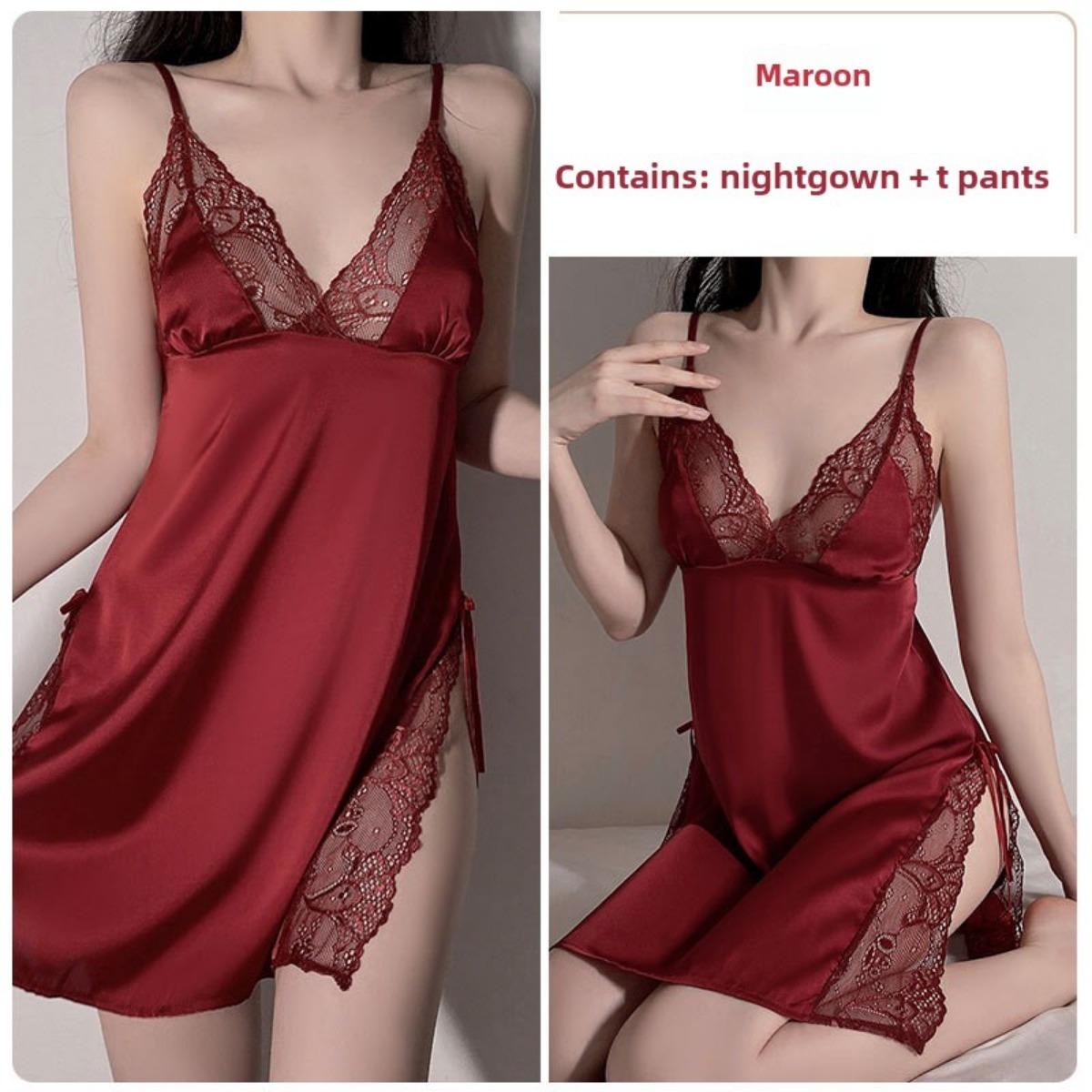

Pajamas Loungewear Sexy Lace Satin Suspender Pajamas Lace-Up Morning Gown Set L