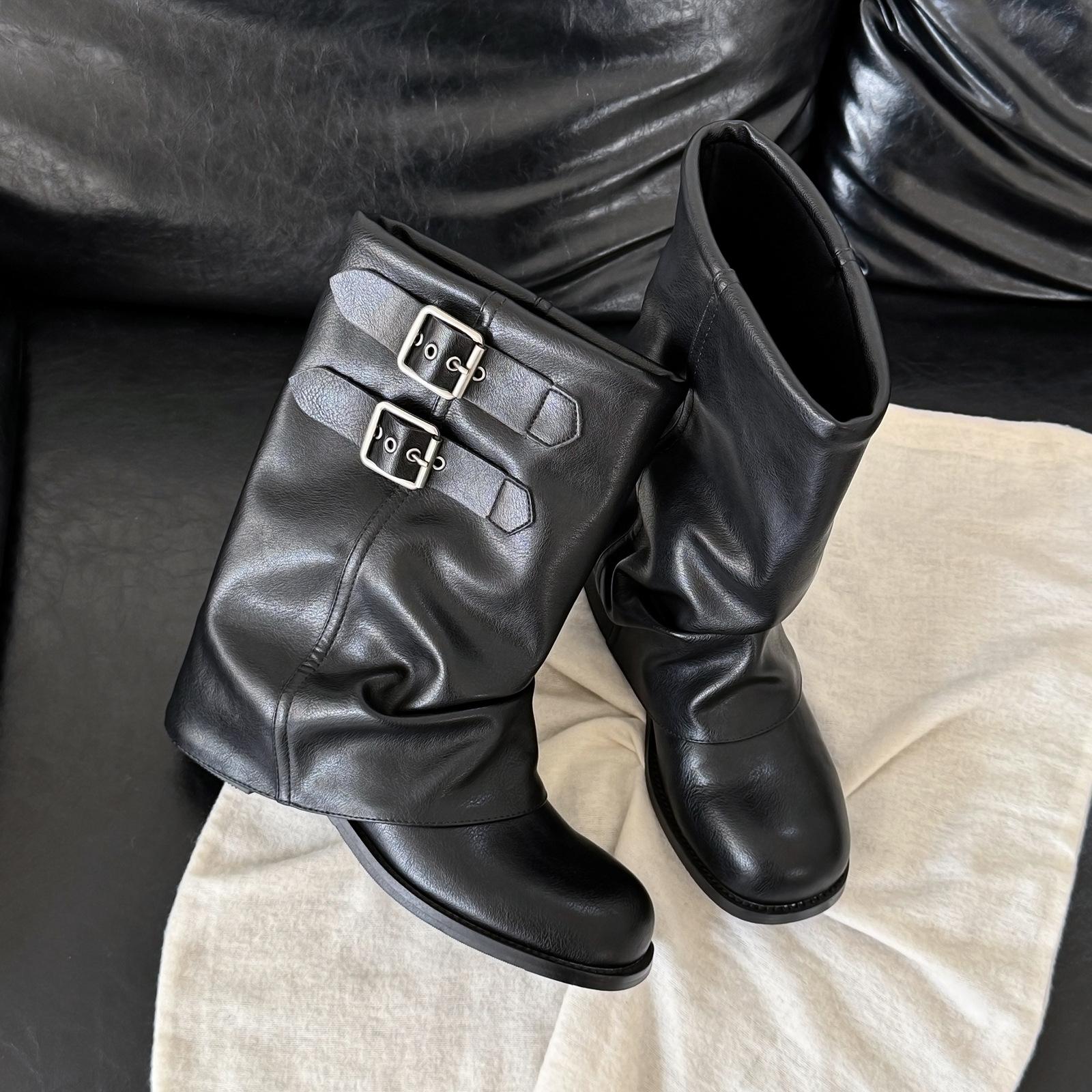 

Vintage round head thick-soled thick heel pleated pile boots women s 2025 new Maillard mid-tube boots women s western locomotive boots 39 чёрный