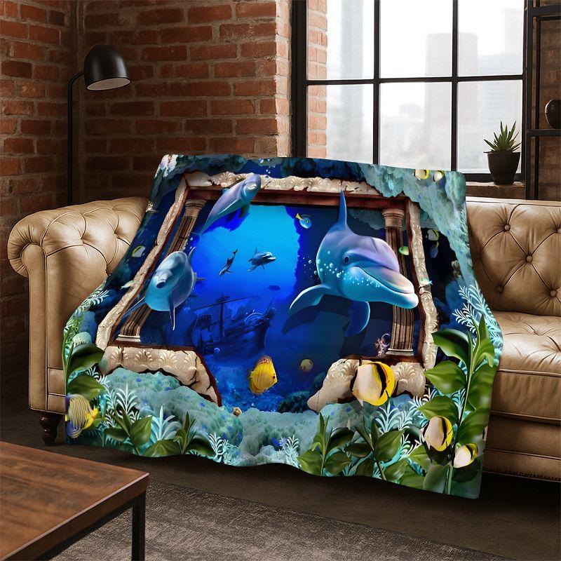 3D Illusion Underwater World Marine Life Shark Dolphin Cartoon Flannel Blanket Throw Blanket for Bedroom Living Room Bed Travel