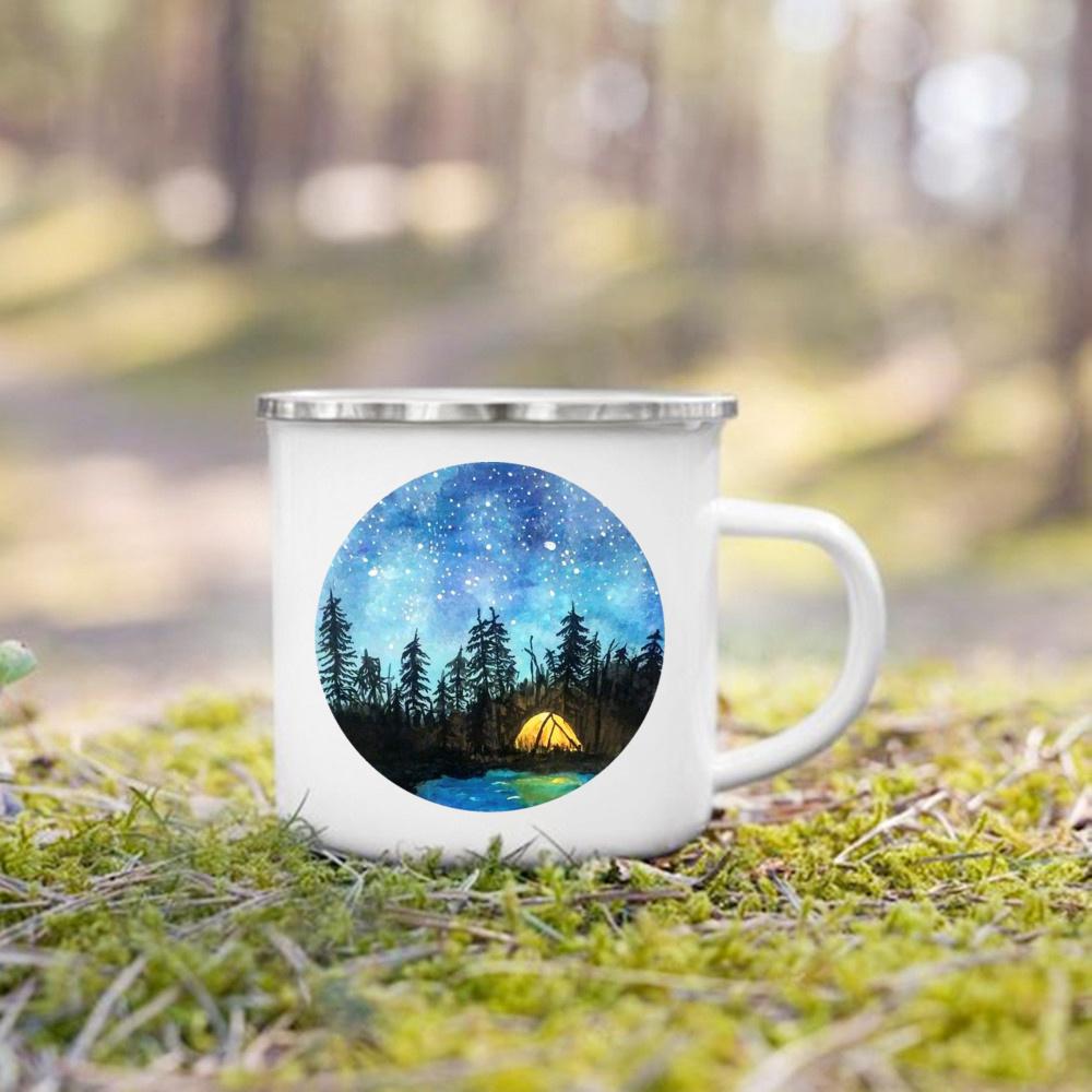 Hrnek s potiskem Měsíc Slunce Hory Dobrodružství Táborák Párty Pivo Kávový šálek Kempingový smaltovaný hrnek Horská rukojeť Šálky Dárky pro kempaře