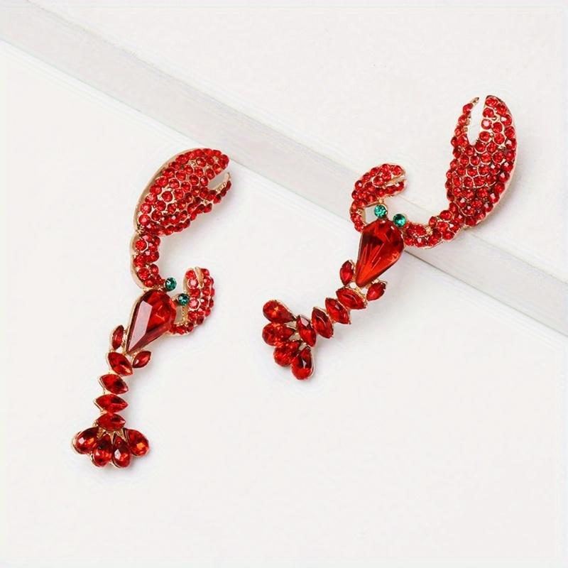 1 Pair Red Rhinestone Lobster Earrings Alloy Shiny Crayfish Dangler for Women Fashion Personality Drop Earrings Crystal Earrings