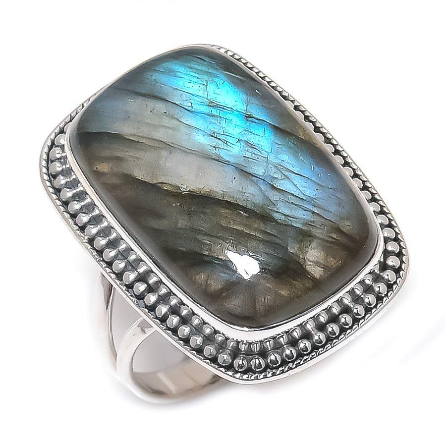 Natural Labradorite Gemstone Handmade 925 Solid Silver Jewelry Ring Size 10 K9e17