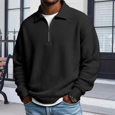 Men Sweatshirt Waffle Long Sleeve Classic Lapel Pullover Tops Zipper Half Opening Fabric Texture