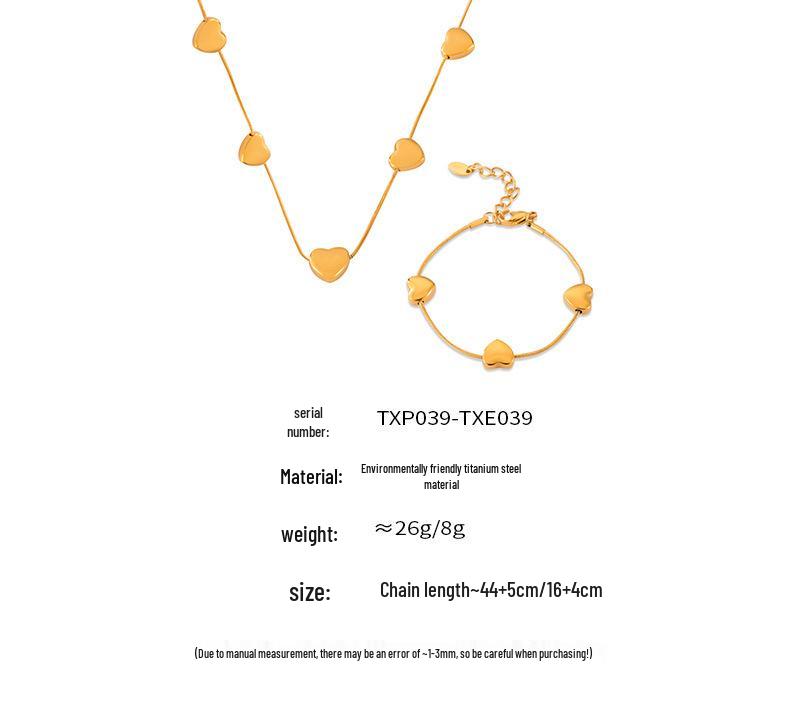 Korean Minimalist Snake Chain Heart Pendant Titanium Steel Jewelry Set