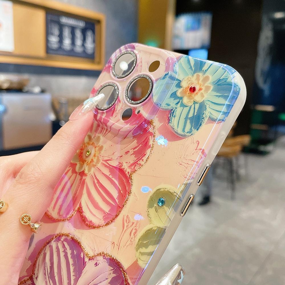 Fashion Blue Pink Purple flowers Pattern Phone Case with lens protective film For iphone 15 14 13 12 Pro Max 11 15plus 12pro Soft silicone Back Cover