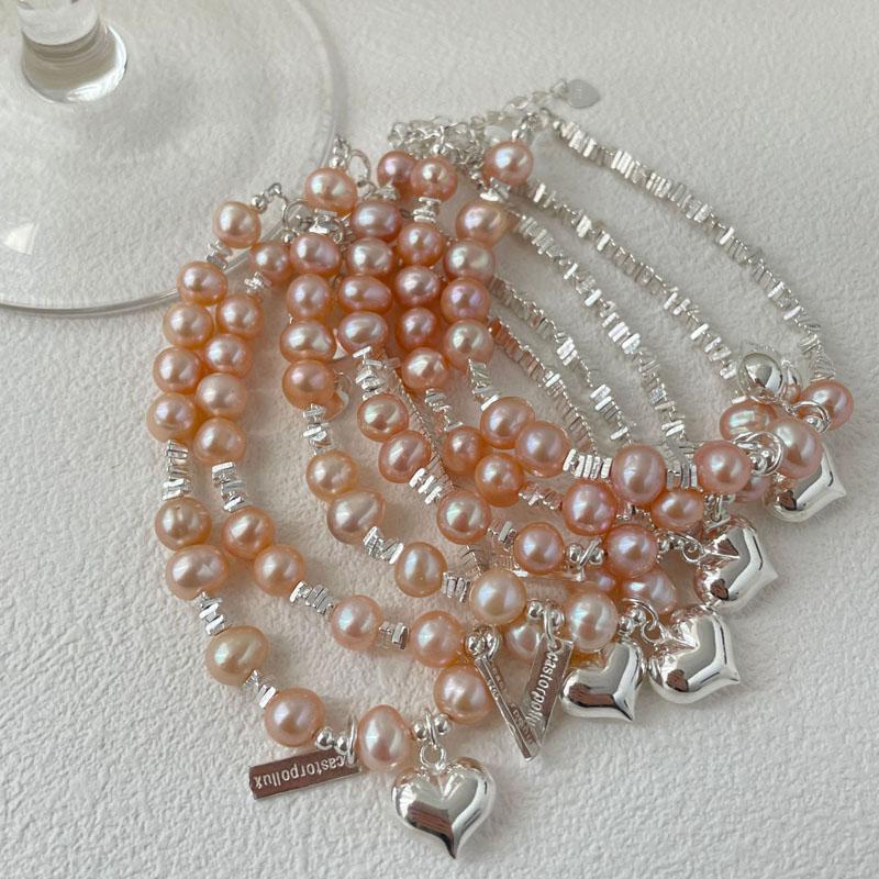 Pink Freshwater Pearl Broken Silver Beaded Bracelets 925 Sterling Silver Charm Heart Shape Women Bracelets Fine Jewelry