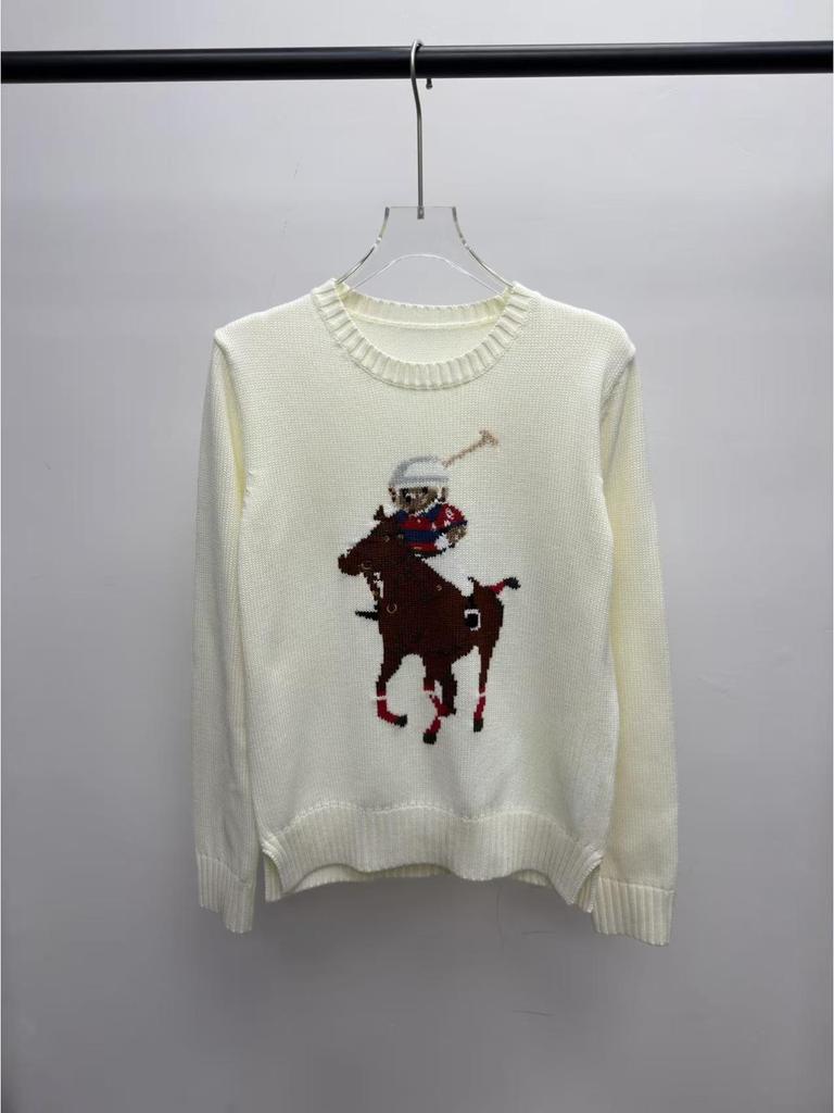 2025 R.L Wool Blend Cartoon Bear Round Neck Sweater - Women's Autumn/Winter Versatile Embroidered Style