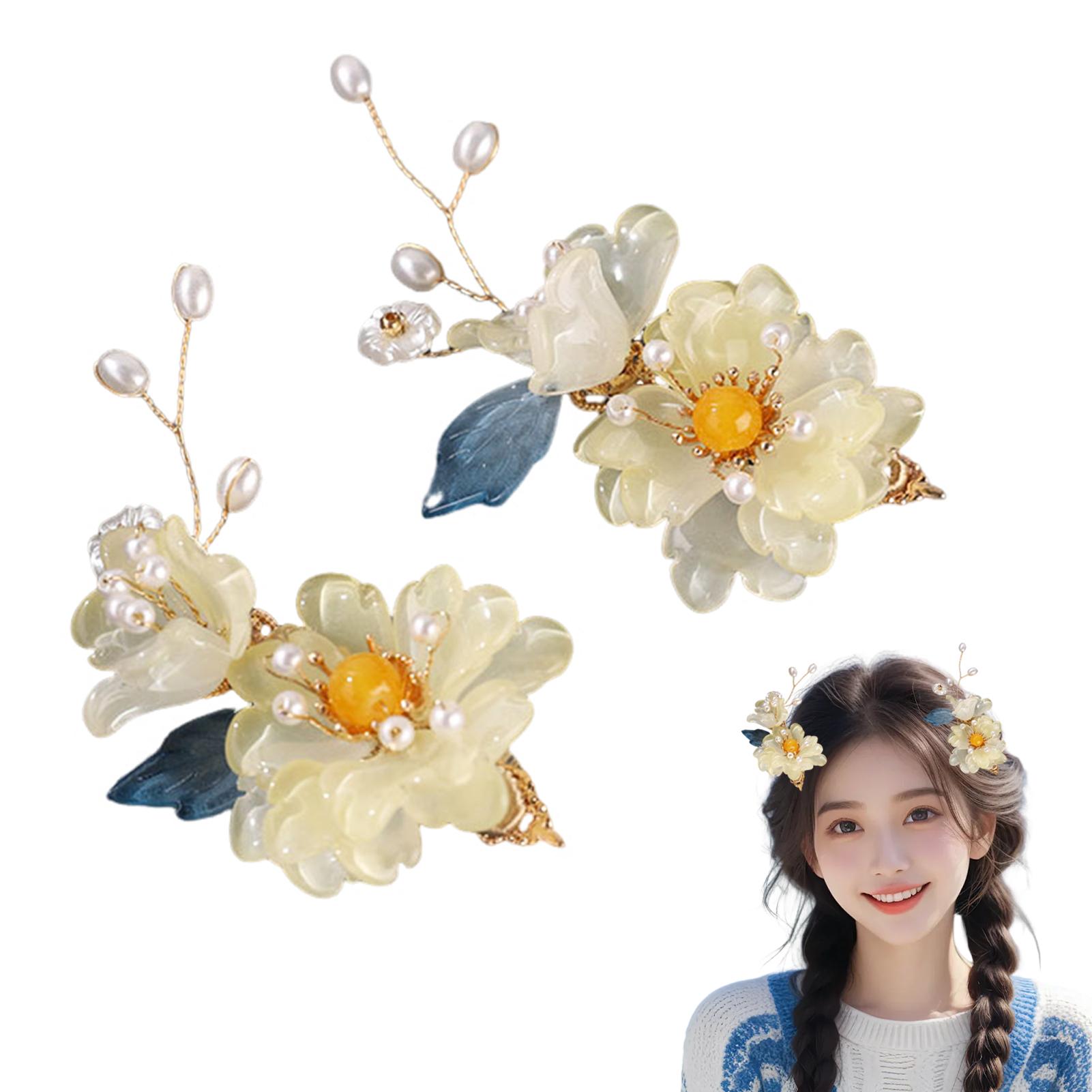 

2 шт. Заколка для волос в китайском стиле, классическая элегантная заколка для волос с цветком из стекла для женщин, сказочные аксессуары для волос ханьфу, изысканные заколки