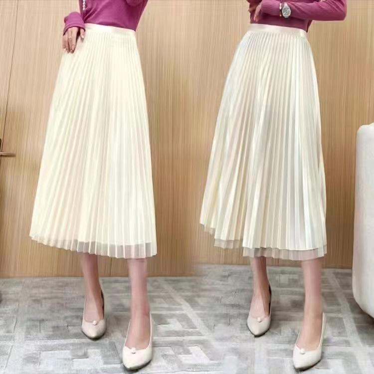 Qooth Summer Autumn Tulle Calf Length Pleated Skirts Simple Casual Slimming A Line Skirt for Women QT2586