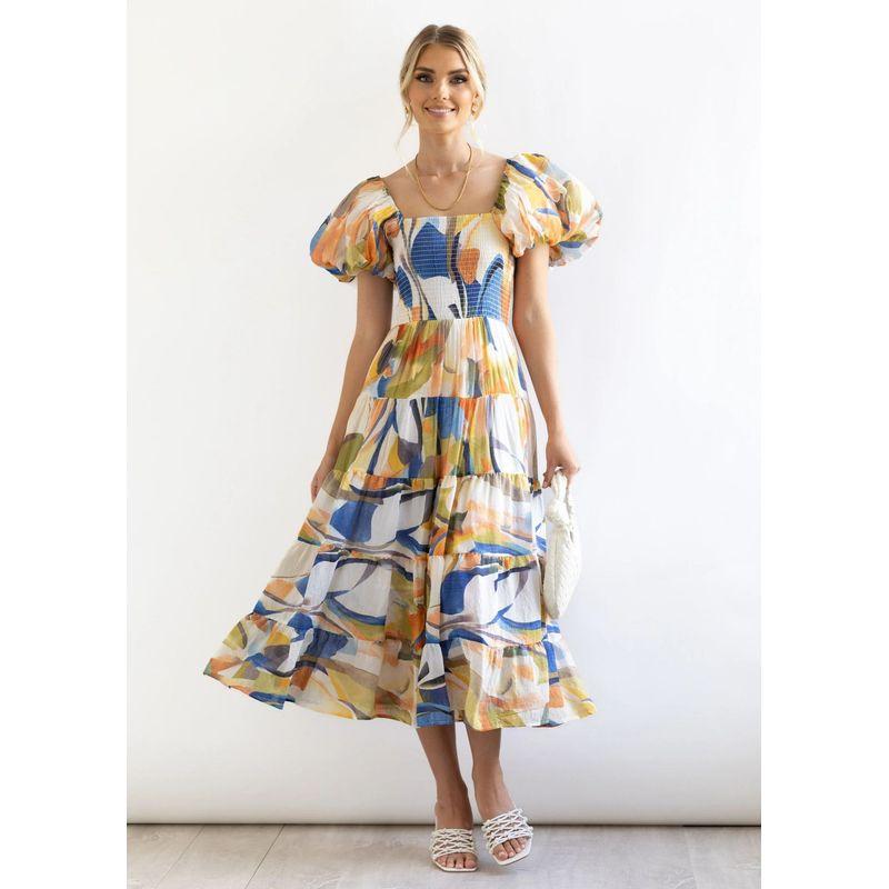 2025 Europe and America Cross Border Spring/Summer New Arrival off-Neck Print Puff Sleeves Silm Mid-Length Tulle Tutu Dress Dress