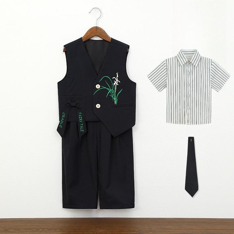 Kids Boys Chinese Style Formal Suit Set Orchid Embroidered Vest Striped Shirt Pants Gentleman Outfit for Wedding Birthday Party