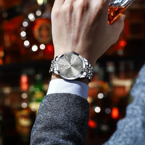 OLEVS Men's Watch, Waterproof, Luminous Business Watch, Analog Quartz, Stylish, Silver Watch, Metal, Gray Dial, Date, Popular Fashion, Hand Watch for