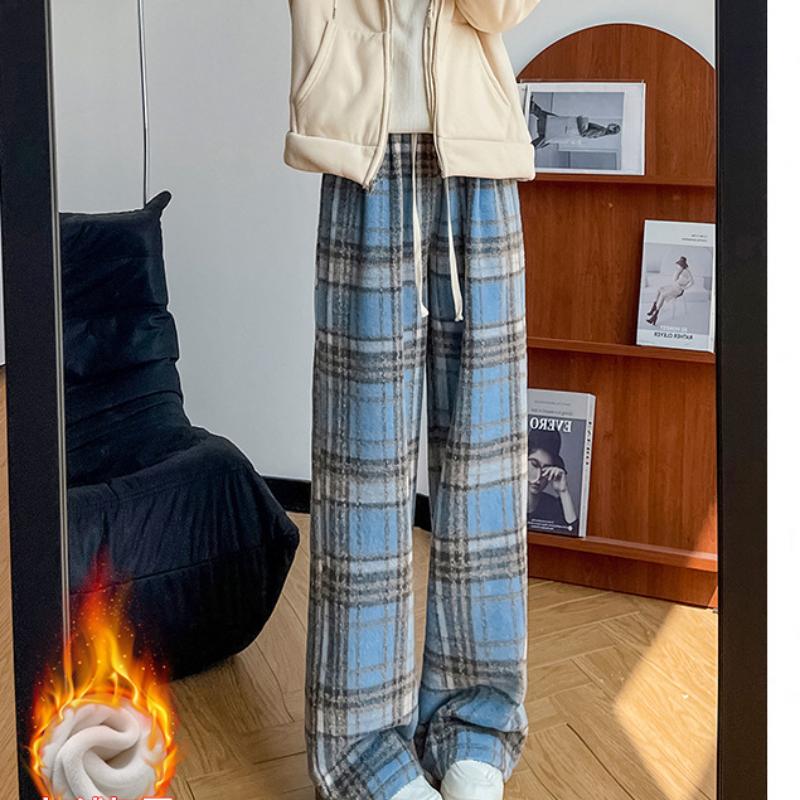 Plaid Pants for Autumn and Winter Plus Velvet Pants for Women Wearing Loose Draped Retro Casual Pants for Women High Waist Wide-leg Pants