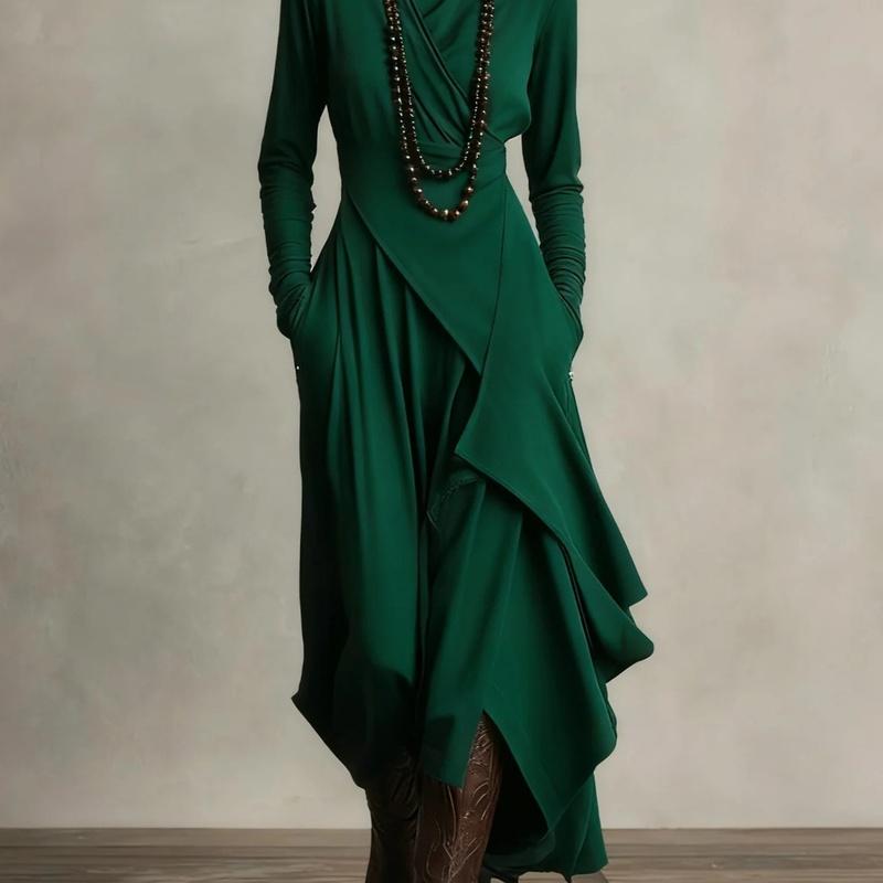 Women Clothing Fall Solid Color Long Sleeve Turtle Neck Maxi Dress