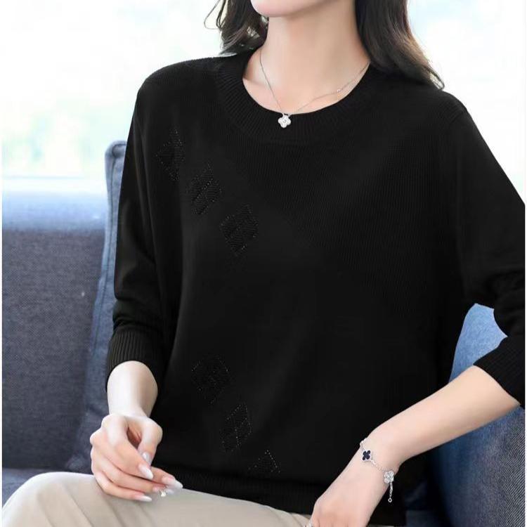 Fall Winter Women's Plus Size Sweater Long Sleeve Loose Crew Neck Knitwear Sweater Rhinestone Pullover Knit Top Stretch Jumper