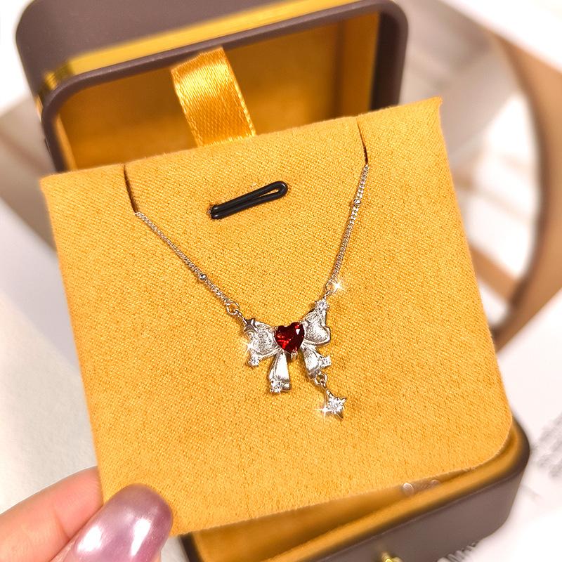 S925 Sterling Silver Bow Necklace, Natural Crystal Pendant, Drawbench Craft Clavicle Chain, Romantic Jewelry Gift for Women 925 silver