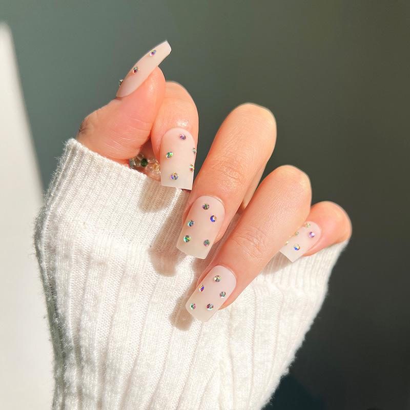 French Nude Pink Matte Rhinestone Nail Art Stickers - Wearable Nail Tips