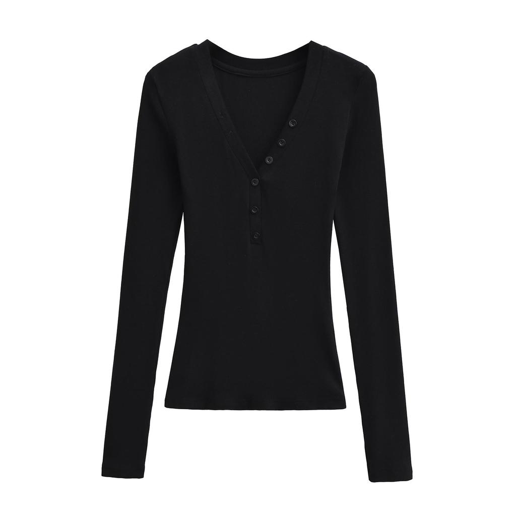 Spicy Lazy Girl V-neck Button Long Sleeve Women's Autumn/Winter Base Layer Elastic Fit T-shirt