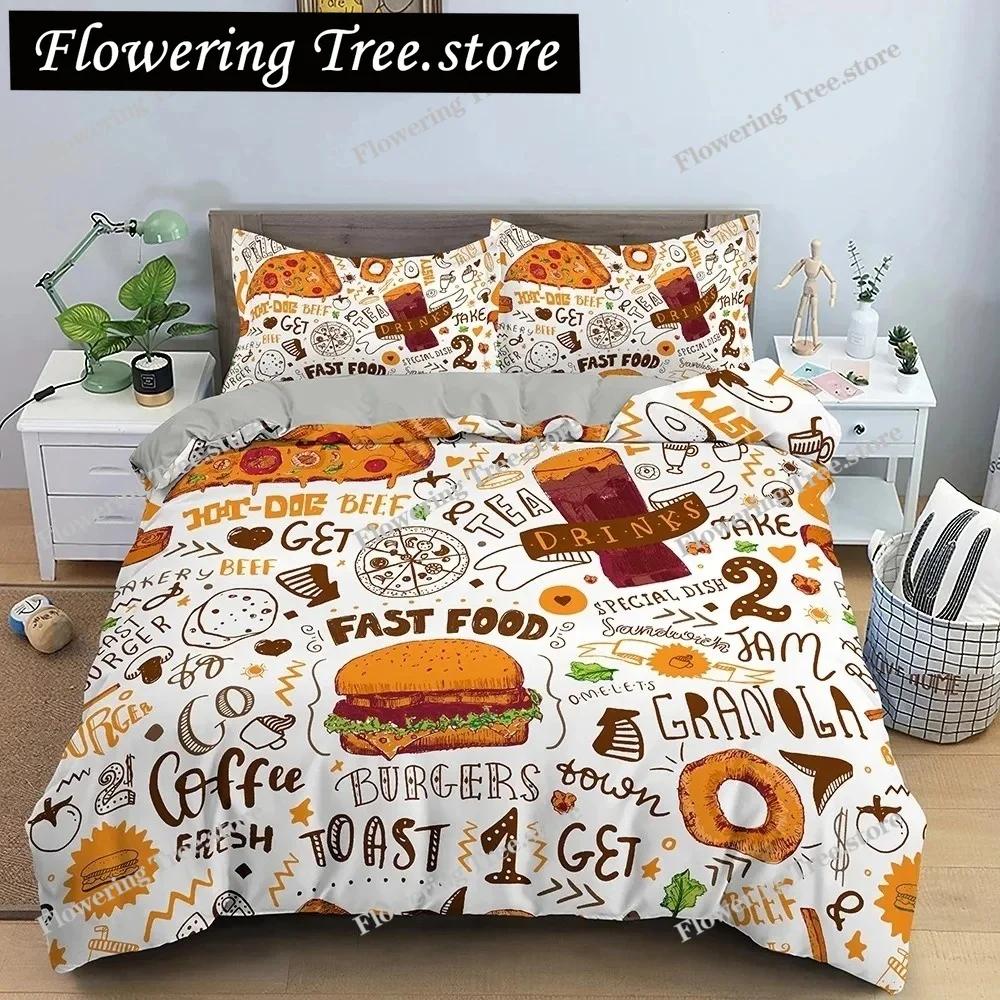 Snack Duvet Cover Set Coffee Bread Donut Pattern Pink Polyester Comforter Cover For Kids Adult Teen Bedding Set Queen King Size