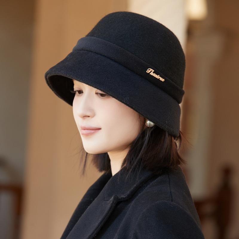 

Женская осенне-зимняя шляпа-ведро в стиле ретро Хепберн, шерстяная шляпа-клош с алфавитом one size чёрный