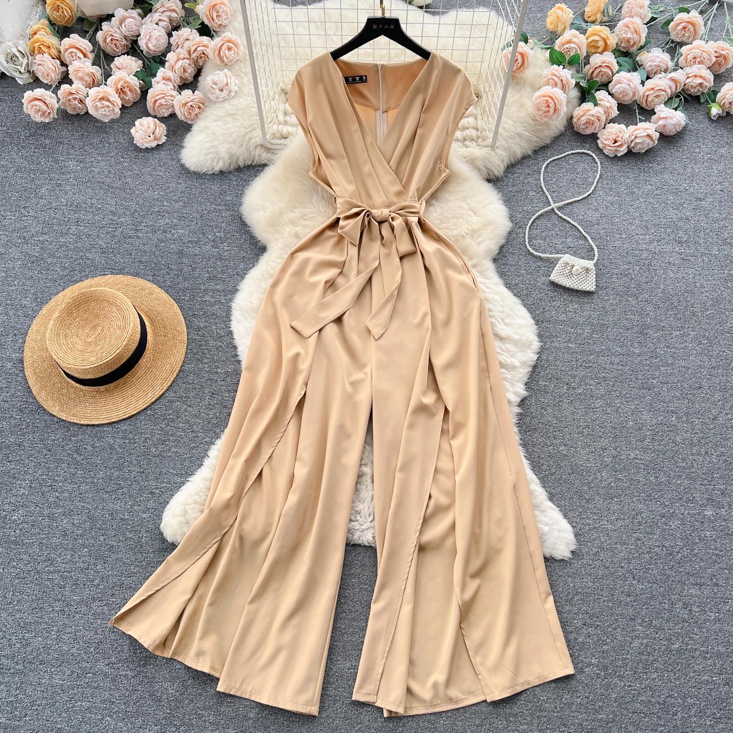 

Летний женский комбинезон Vintgae с широкими штанинами, женский элегантный v-образный вырез без рукавов с высокой талией, тонкий повседневный бандажный комбинезон, новая мода One Size хаки