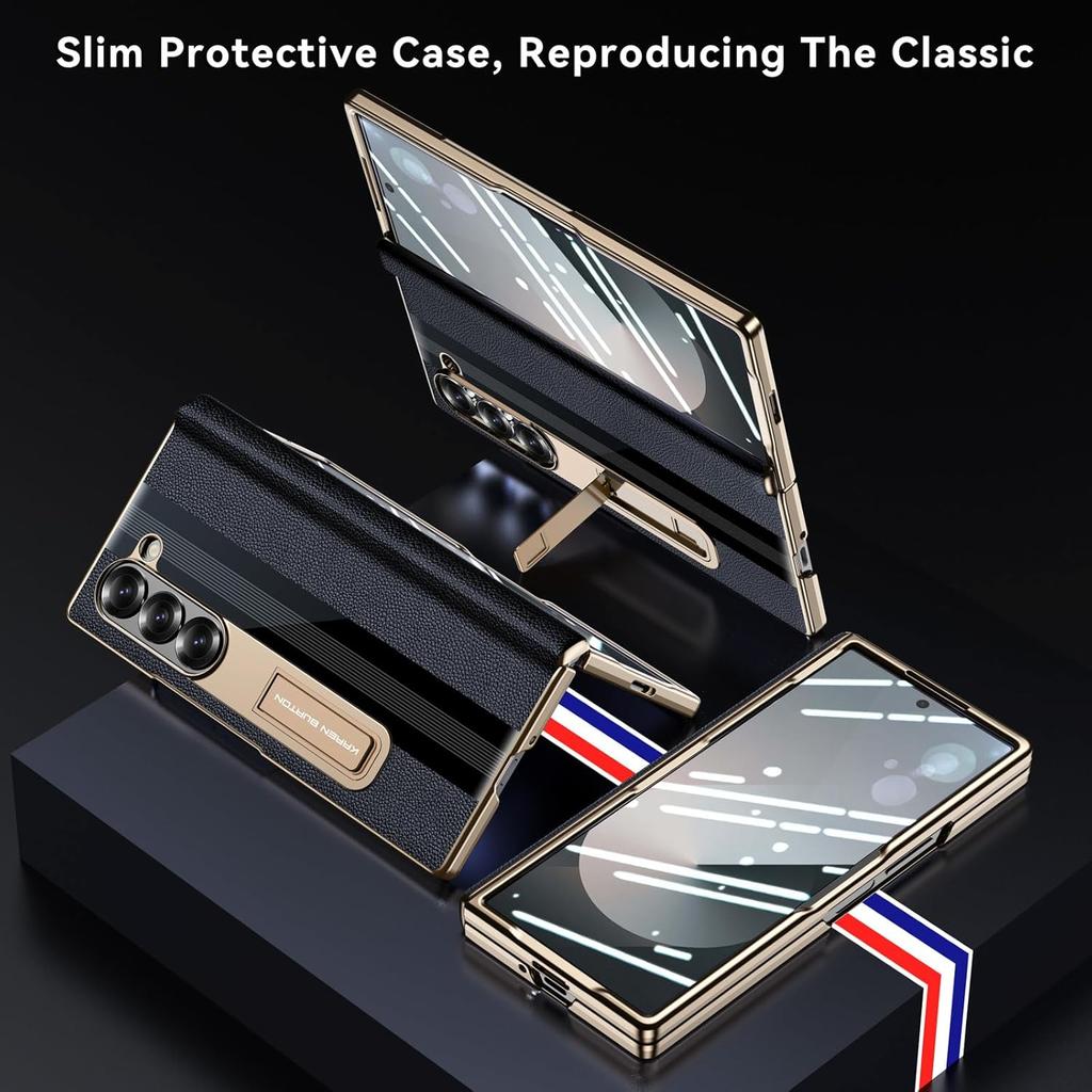 for Samsung Galaxy Z Fold 6 Phone Case [Luxury Premier Genuine Leather] [Full Body Hinge Protection] [Built-in Screen Protector] [Kickstand Slim
