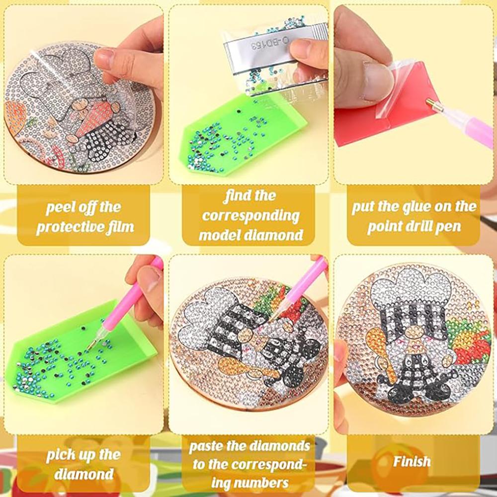 8 Bucăți/set de Suporturi de Pahar cu Model de Pitic Pictat cu Diamante, Suporturi de Pahar DIY cu Suport, Potrivite pentru Începători și Adulți, Artă și Meșteșuguri Cadouri