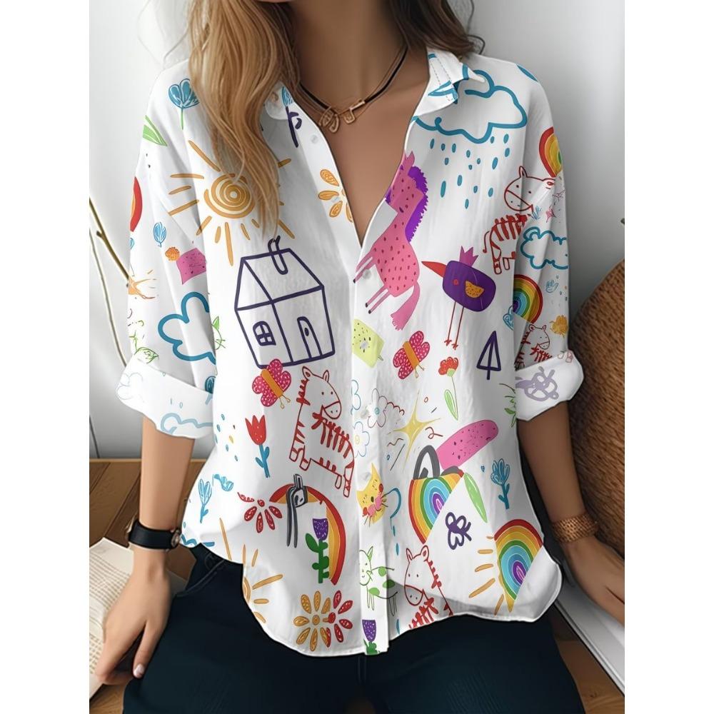 Summer Minimalist Shirt with Floral Digital Print Button Up Shirt Top for Women's Hawaiian Beach Vacation Casual Shirt