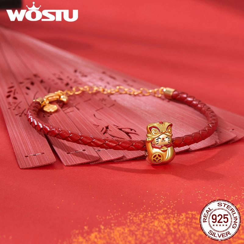 WOSTU 925 Silver New Year Gift Lucky Red KOI Charm Lucky Bag Pendant Pawprint Beads Fit Fortune Red Rope Bracelet DIY Jewelry