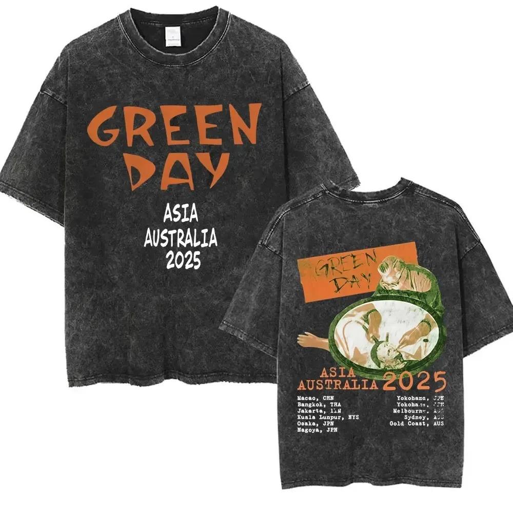 Oversized Acid-Wash Short-Sleeve T-Shirt Featuring Green Day 2025 Asia Australia Tour Double-Sided Graphic Print L