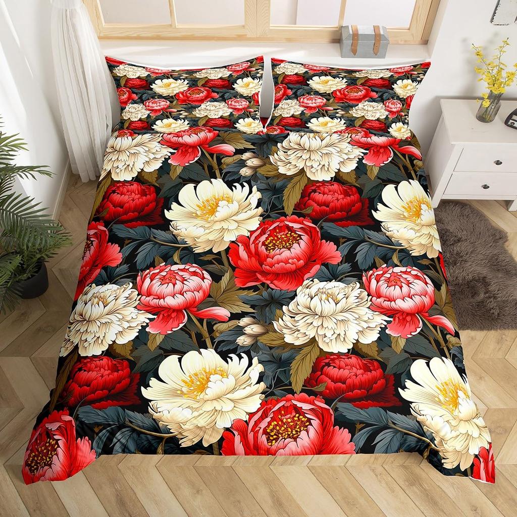 Comforter Peony Groovy Flower Floral Vintage Victorian Botanical Bedding Set Garden Petals Pastoral Plant Bed Set