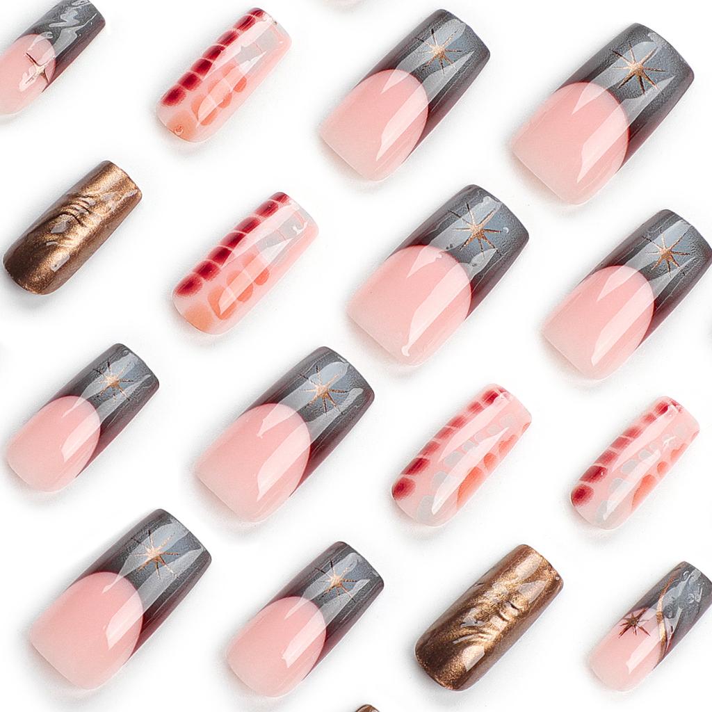 24 Pieces French Smudge Wearing Nail 3D Star Manicure Medium and Long Nail Piece Removable Black Sugar Fake Nail Patch
