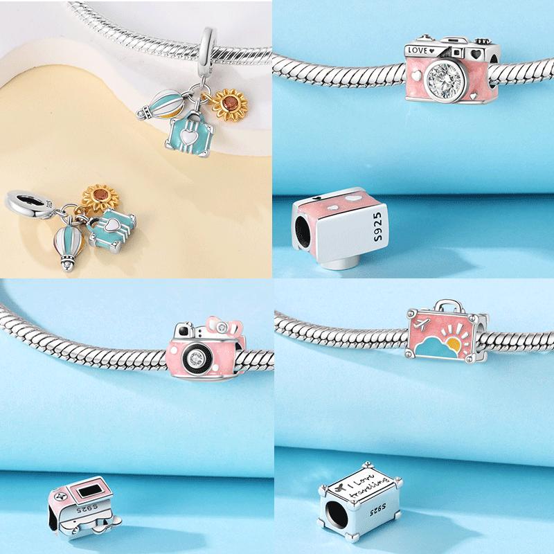 Original Copper Suitcase Pink Camera Plane Paris Tower Charms Beads Pendant Fit Diy Women Bracelet Jewelry Delicate Gifts